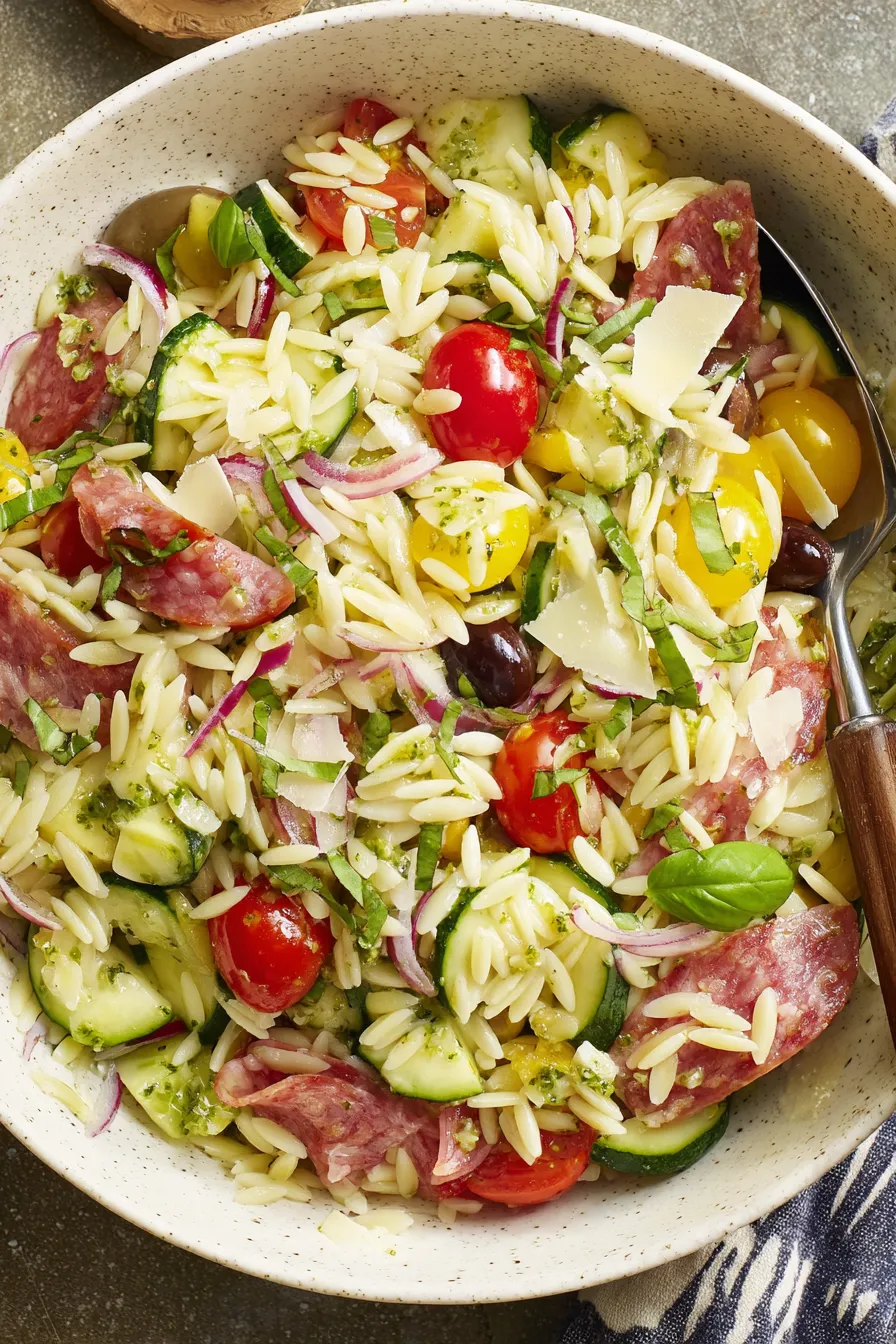 Close-up of orzo with shaved Parmesan and basil