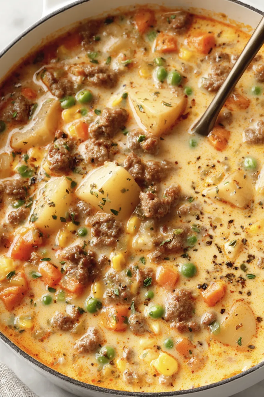 Hearty bowl of shepherds pie soup with mashed potatoes and peas