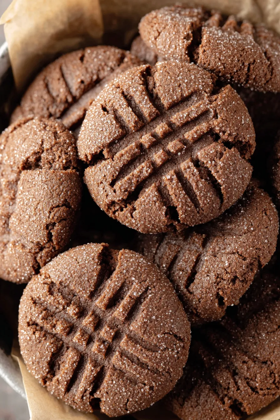 Close-up of a sugar-coated chocolate peanut butter cookie