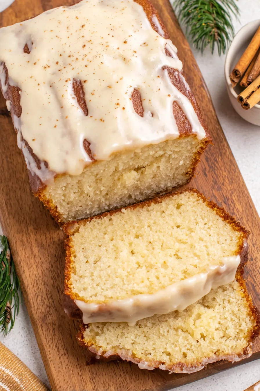 Freshly baked eggnog loaf cooling on a rack