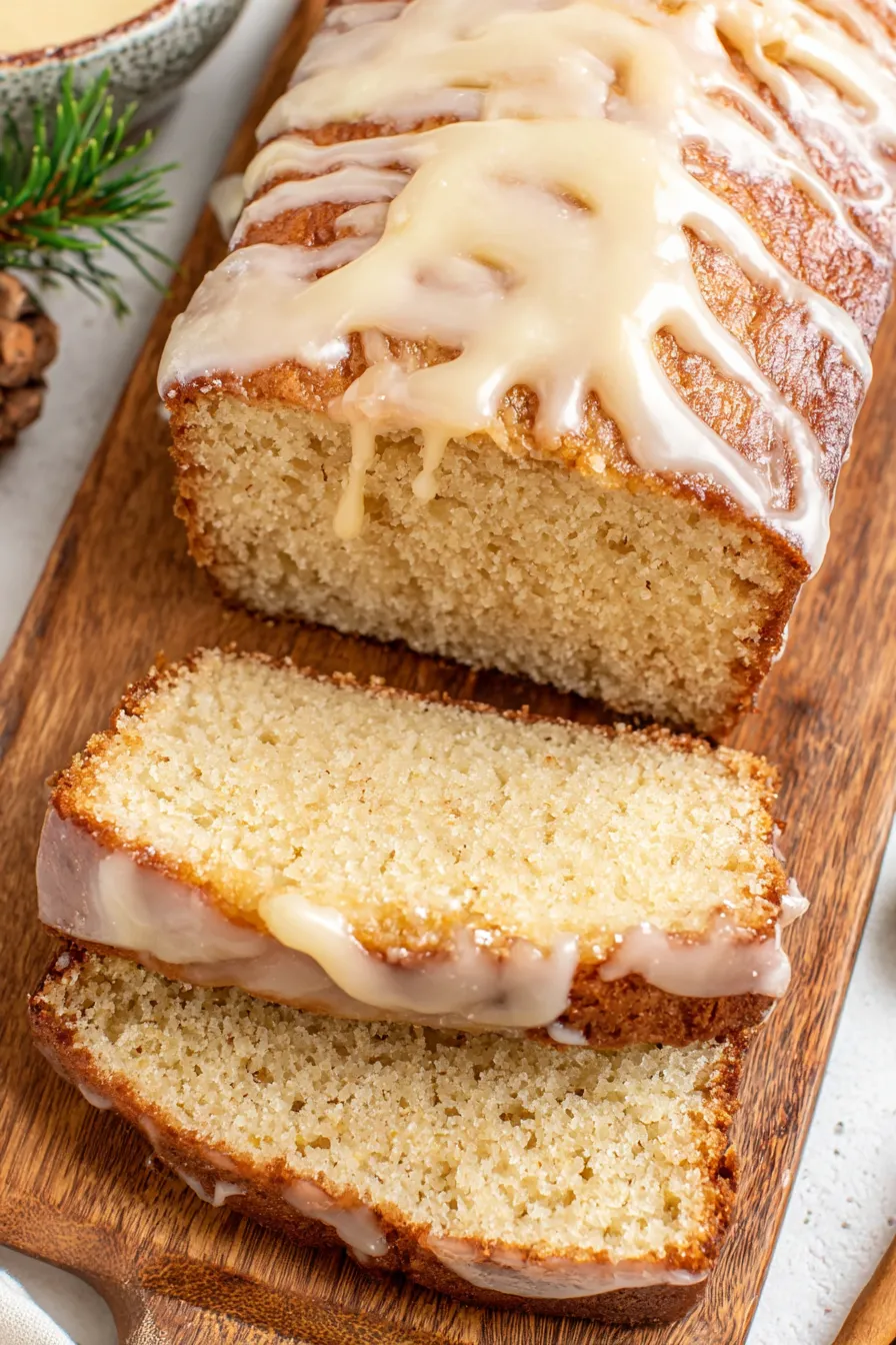 Sliced eggnog bread with glaze