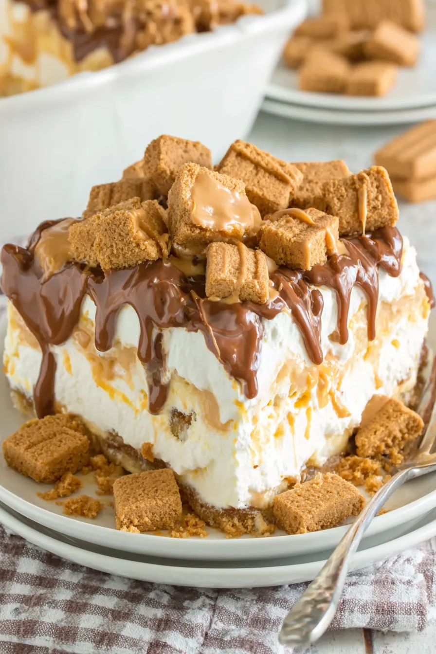 Close-up of peanut butter chips and cookie crumb topping on creamy dessert