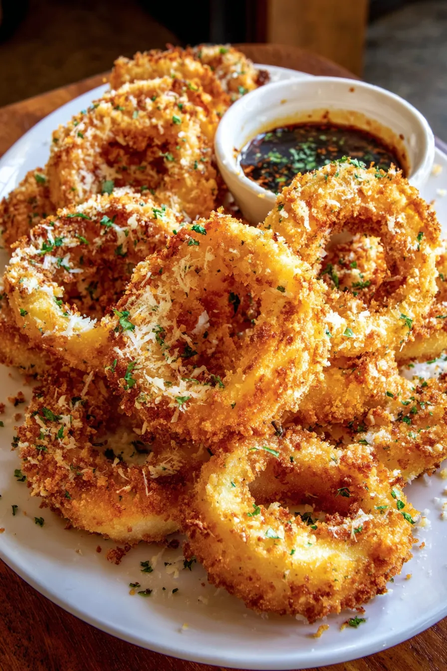 Golden parmesan onion chips on a plate