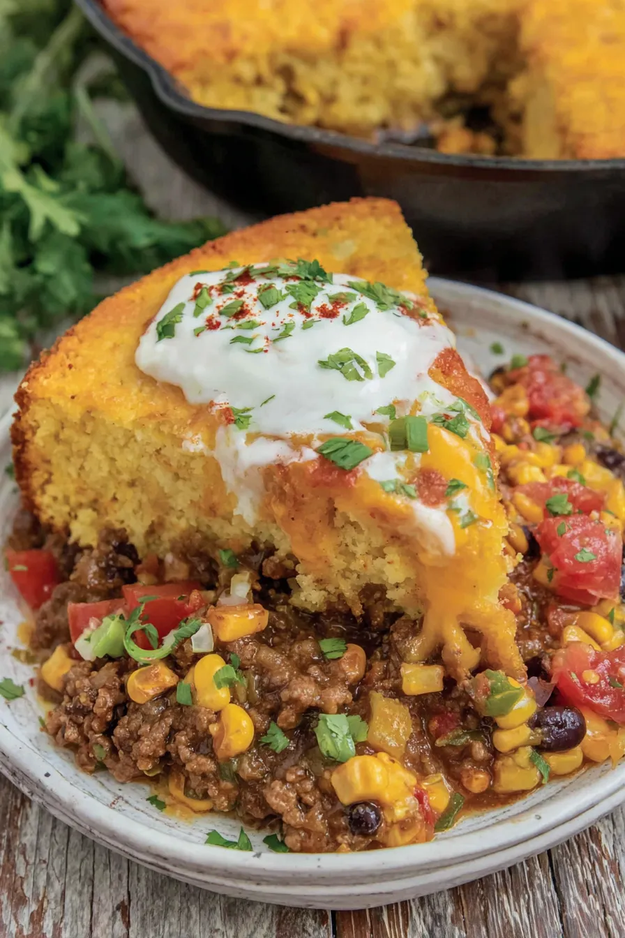 Cowboy Cornbread Casserole in skillet with melted cheese