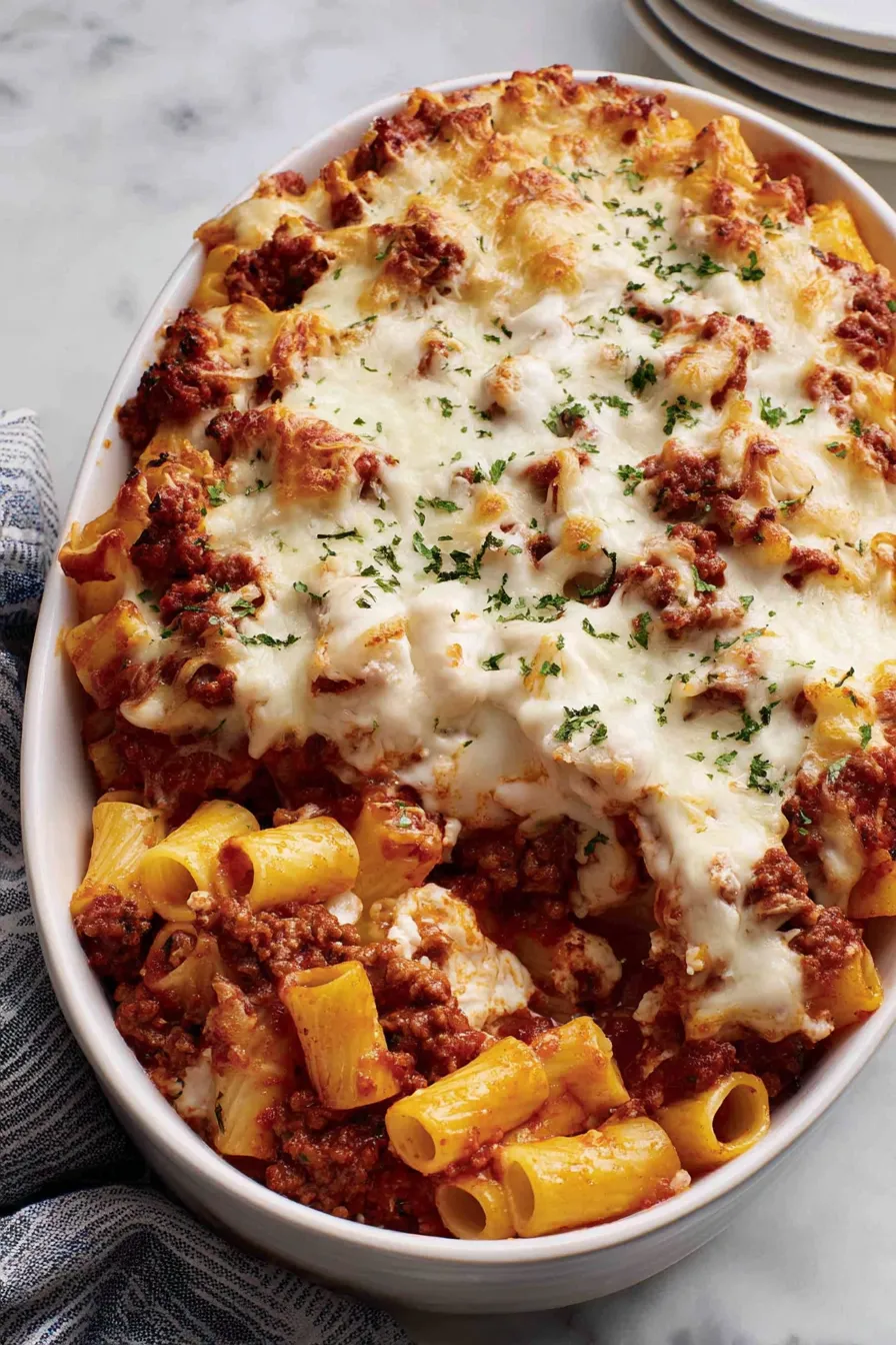 Baked ziti fresh from the oven with melted cheese