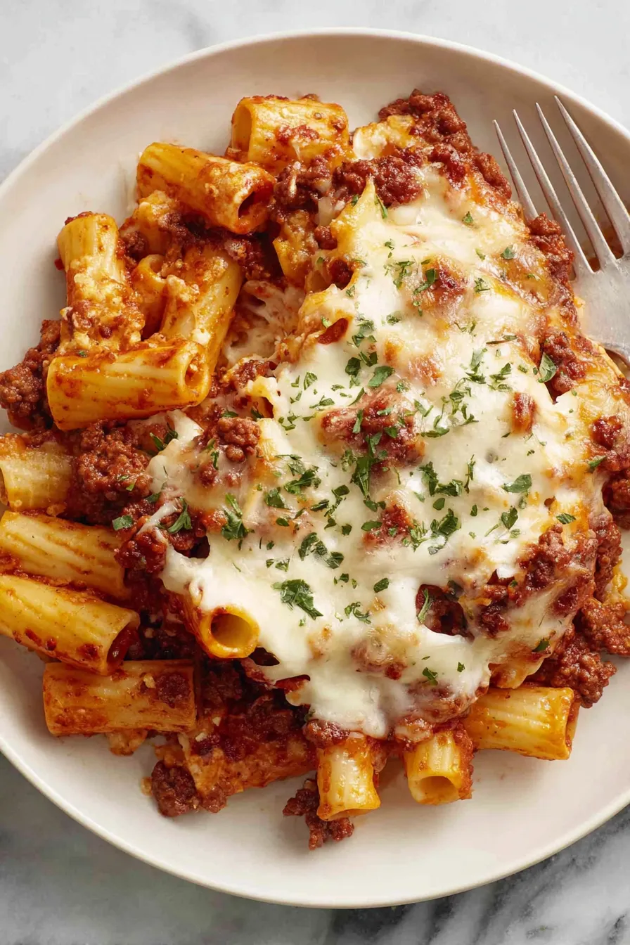 Close-up of cheesy baked ziti slice on a plate