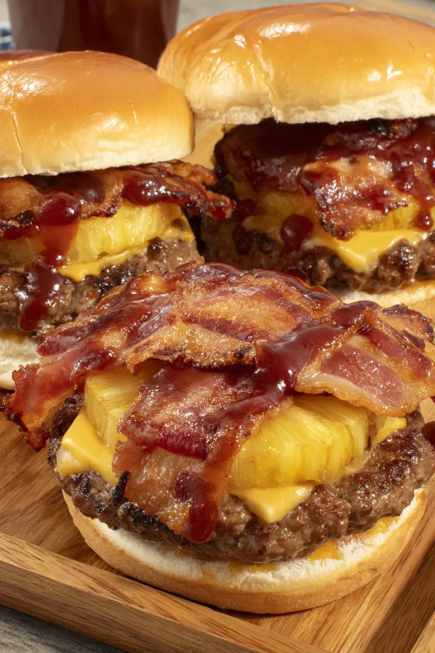 Close-up of a finished pineapple bacon burger on a toasted brioche bun