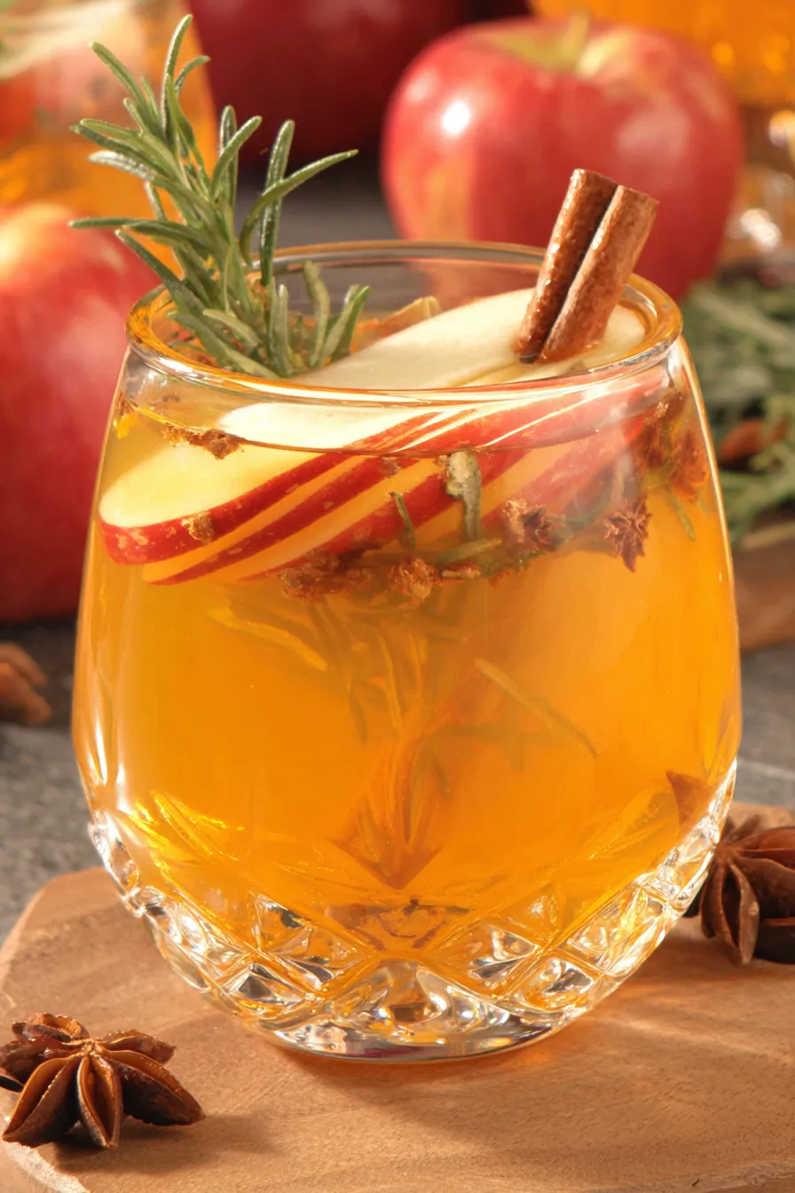 Chilled Fireball Apple Cider served over ice with rosemary garnish