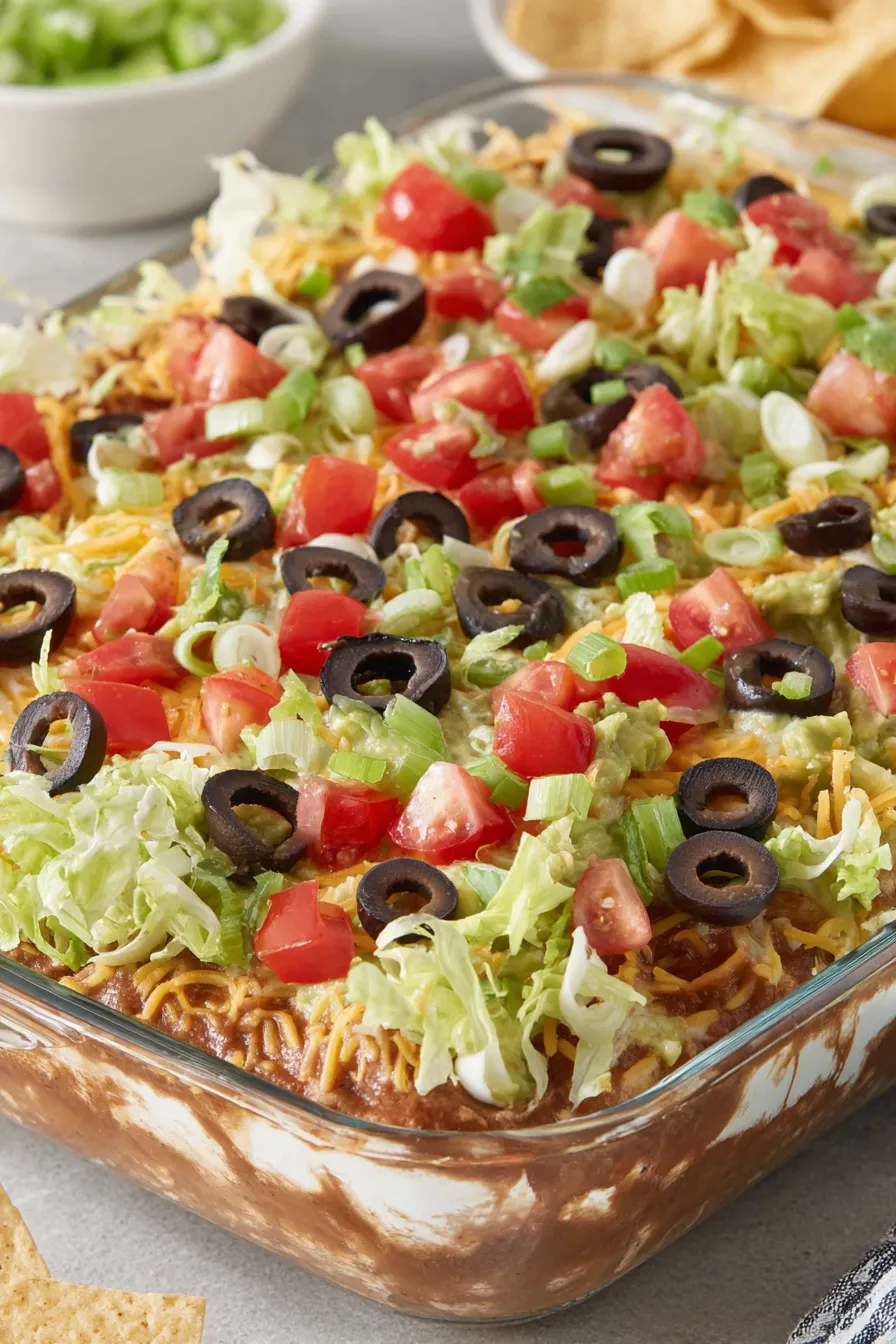 Close-up of a scooped portion of 7-layer dip