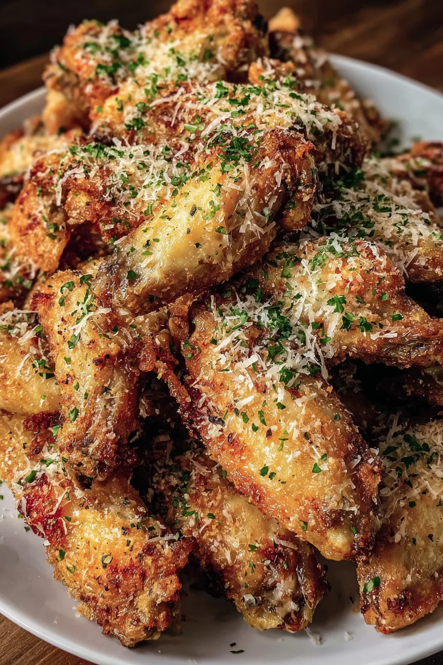 Crispy parmesan crusted chicken wings in an air fryer basket