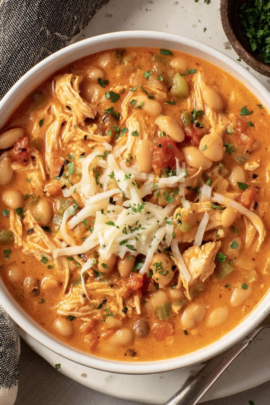 A bowl of buffalo chicken chili with shredded chicken and beans