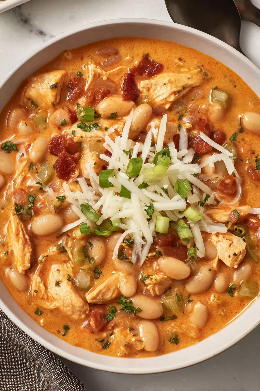 Slow cooker filled with buffalo chicken chili ingredients