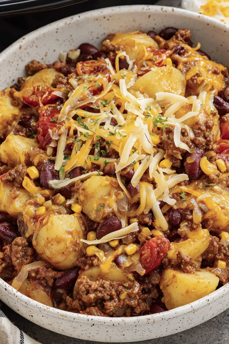Crockpot Cowboy Casserole in a slow cooker, close-up