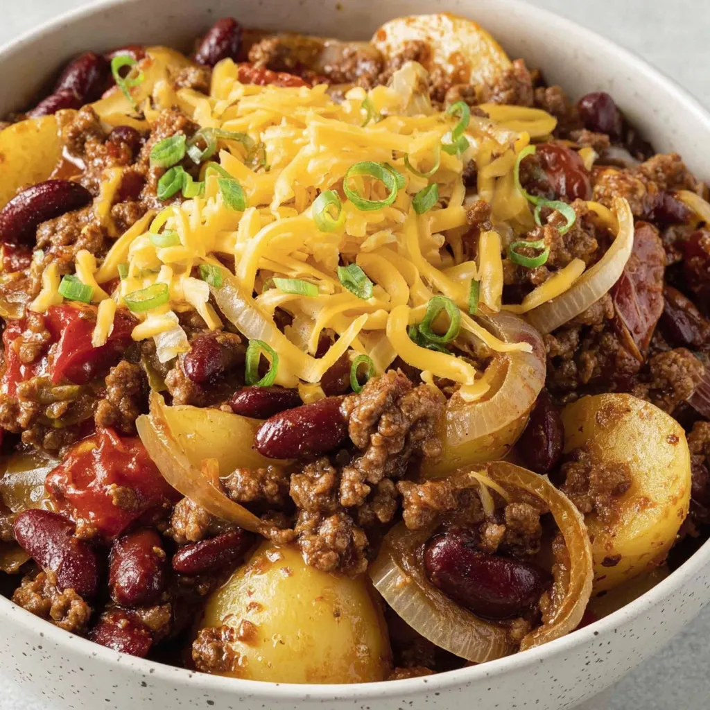 Serving spoon lifting a portion of the casserole, cheese stretching