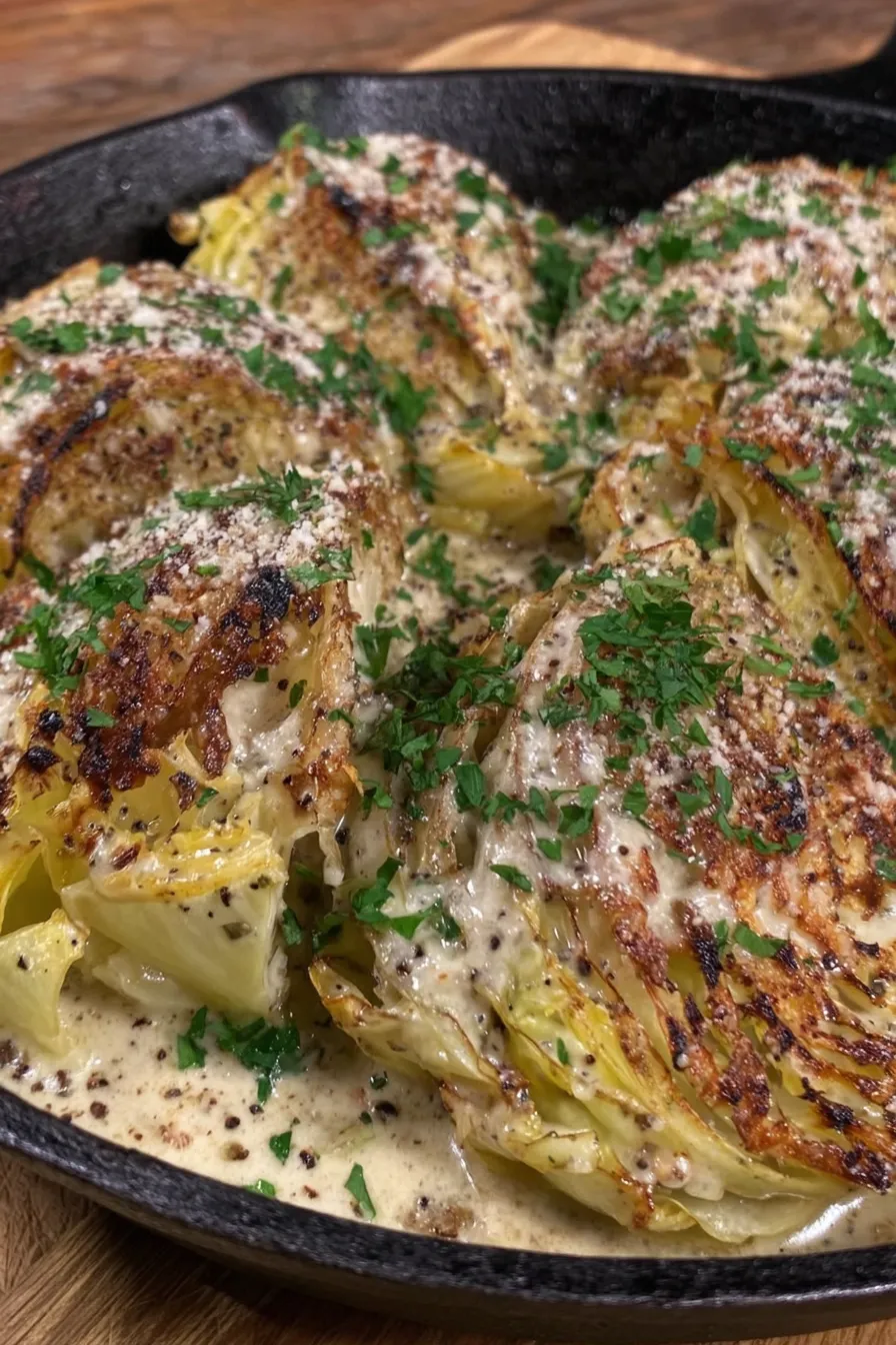 Close-up of cheesy garlic cabbage wedge