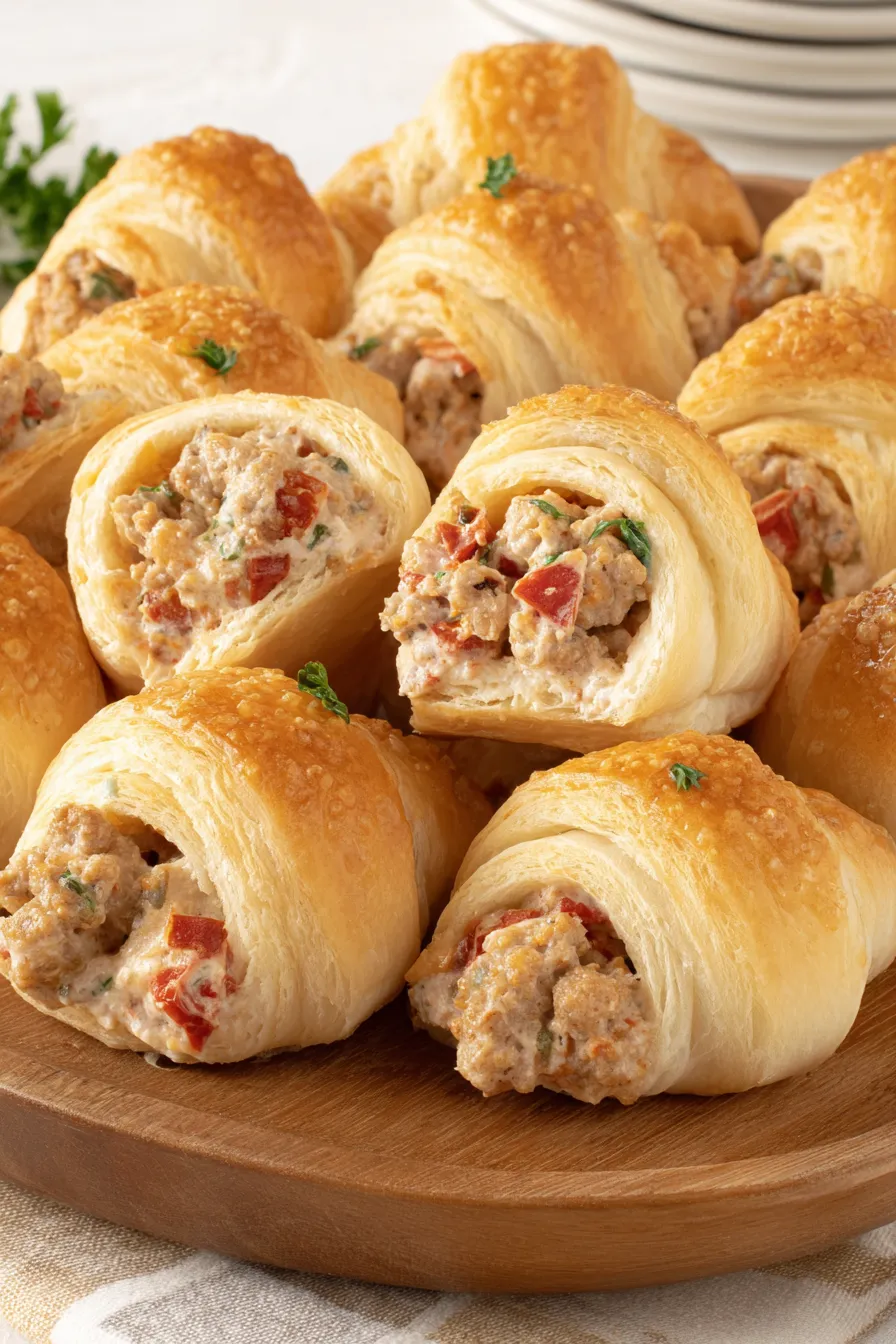 Freshly baked sausage cream cheese crescent rolls on a parchment-lined tray