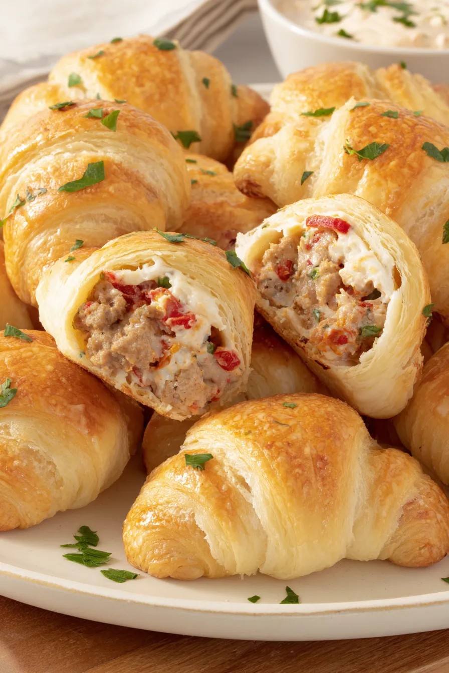 Close-up of crescent roll being filled with sausage and cream cheese
