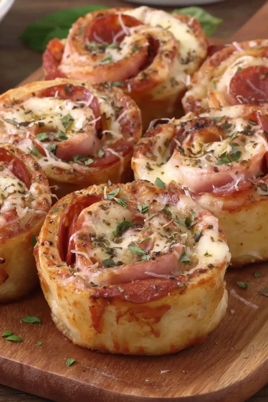 Baked tortilla pizza rolls on a parchment-lined sheet