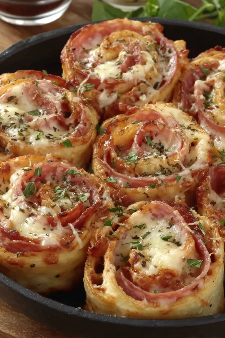 Close-up of a pizza roll showing melted cheese spiral