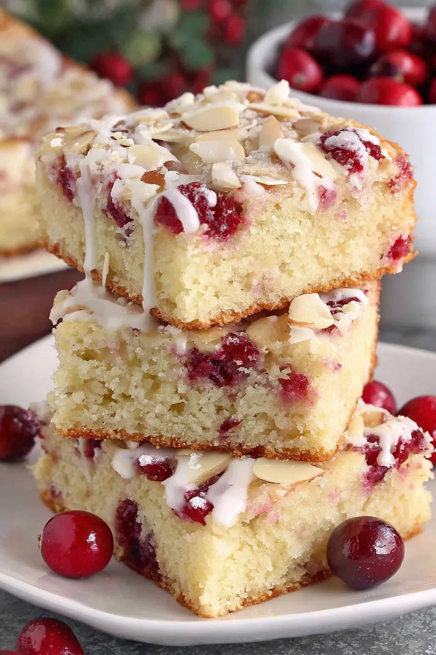 Slice of almond cranberry cake with almonds