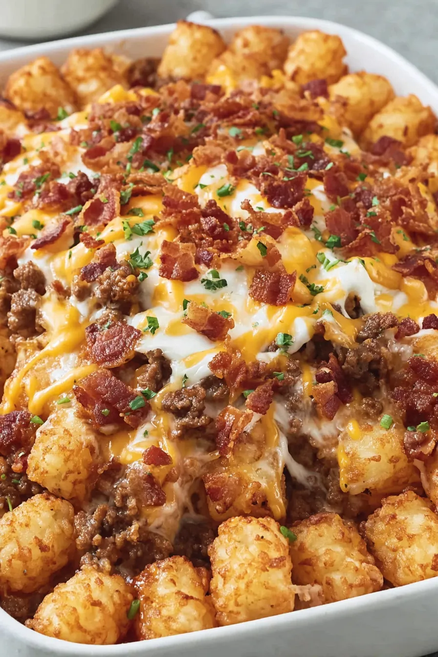 Golden tater tots on casserole