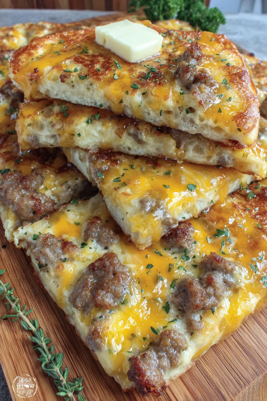 Sheet pan with golden baked sausage cheese pancake squares