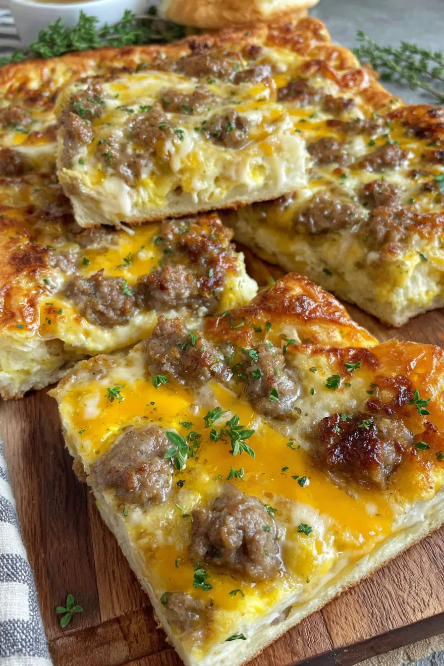 Close up of a fork cutting into a cheesy pancake square