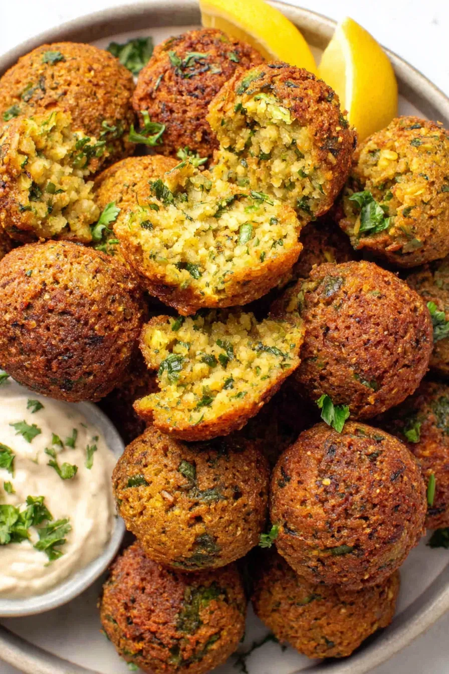 Rows of golden homemade falafel on a tray