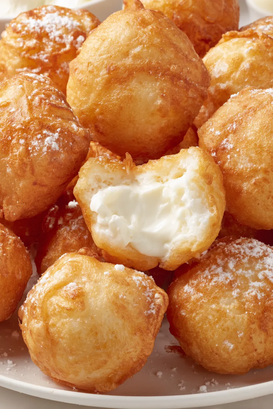Close-up of powdered sugar dusted deep fried marshmallows on a plate