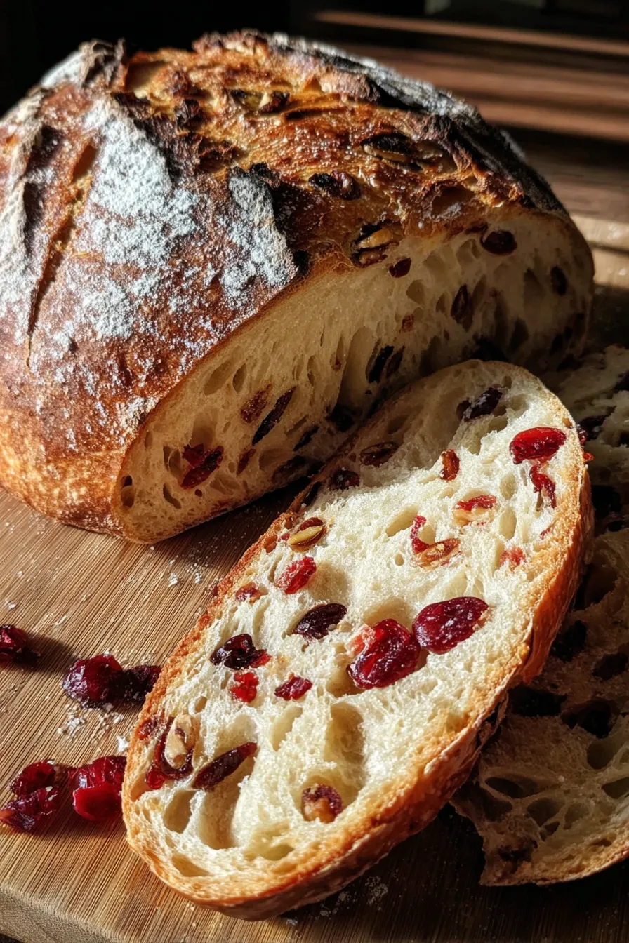 Loaf cooling on a rack - cranberry raisin walnut cinnamon artisan bread