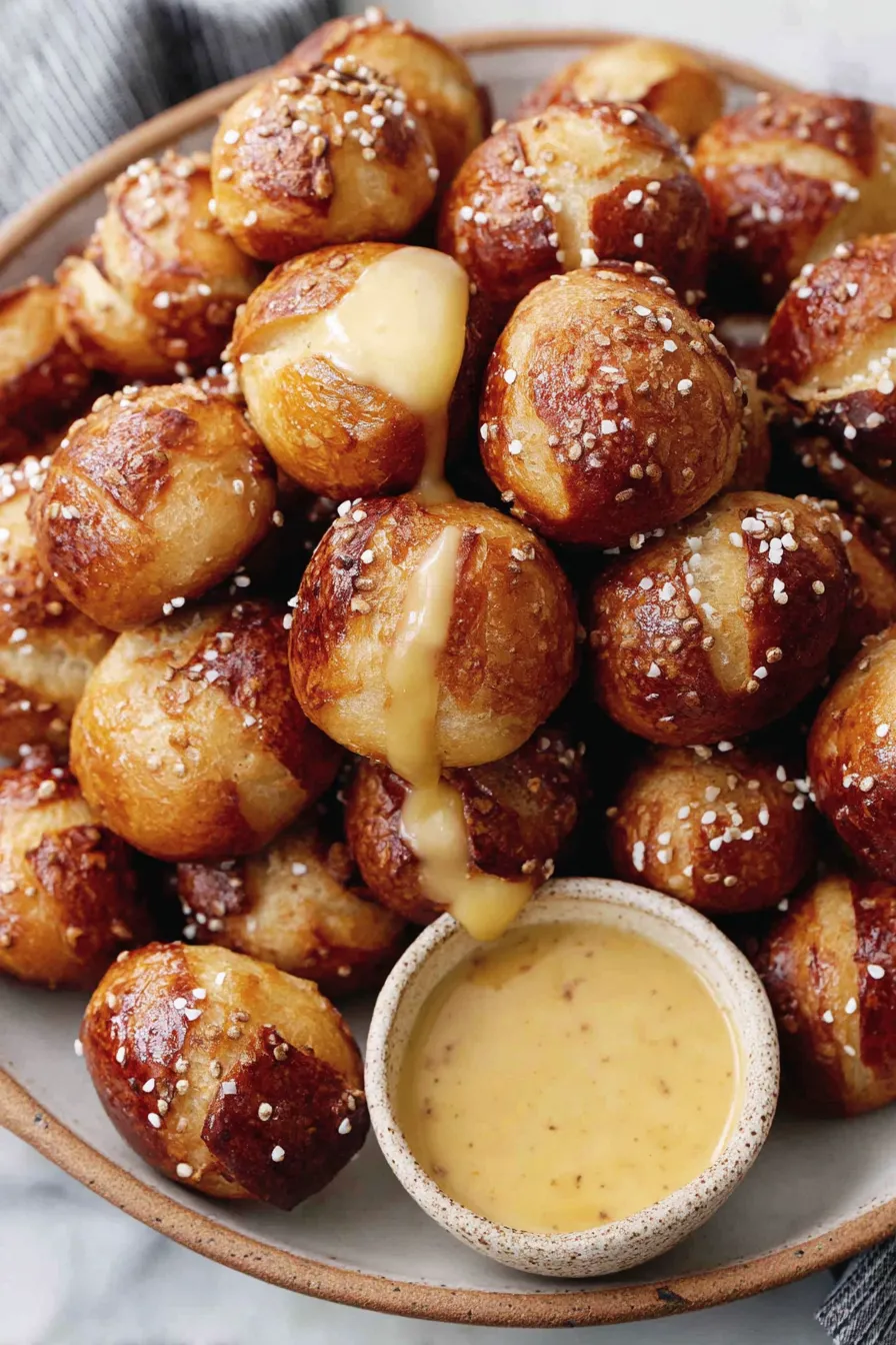 Golden-brown pretzel bites with flaky salt