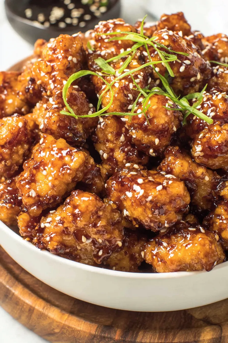 Crispy glazed General Tso chicken on plate