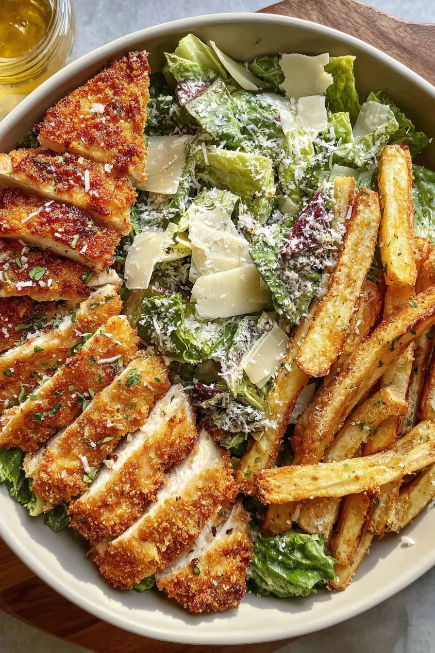 Crispy schnitzel on Caesar salad with fries