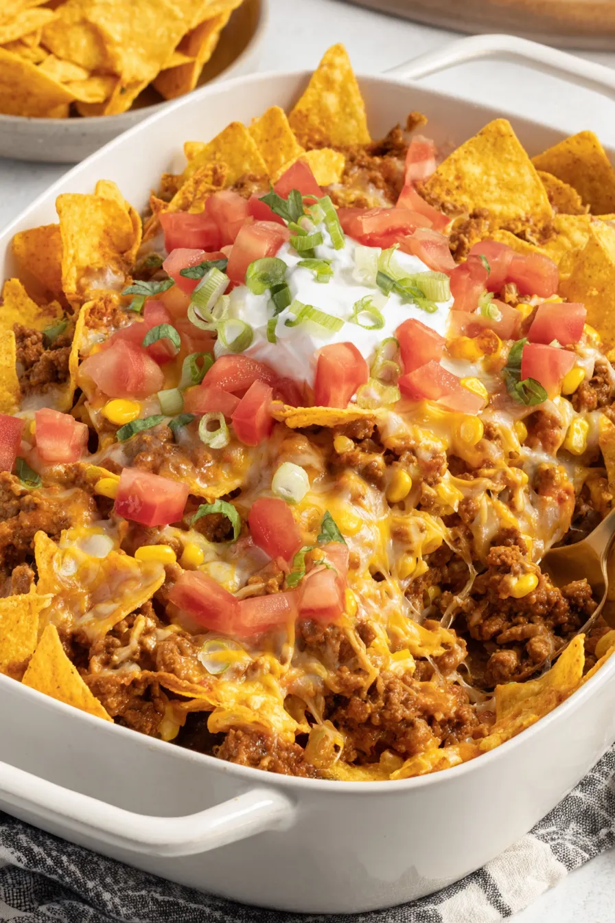 Doritos Taco Casserole in casserole dish with toppings