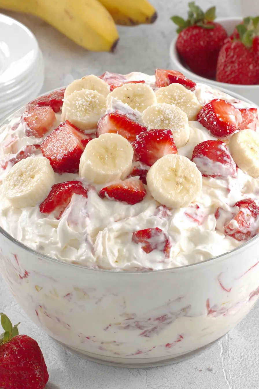 Strawberry Banana Cheesecake Salad in a serving bowl