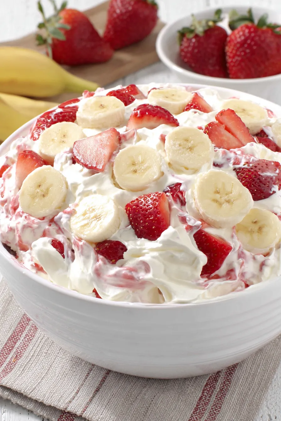 Close-up of strawberry banana mixture being folded