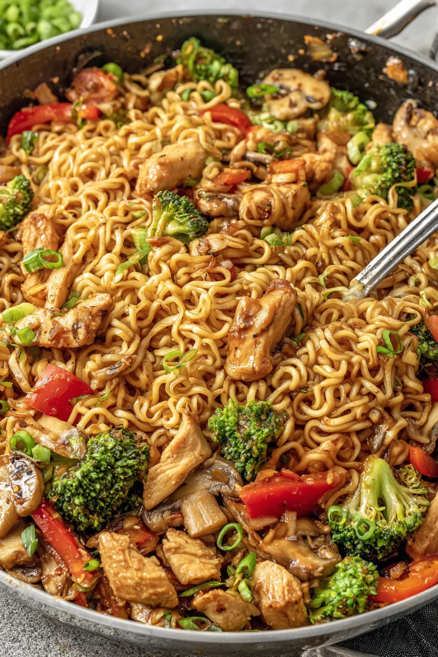 Chicken ramen stir fry tossed in sauce in skillet