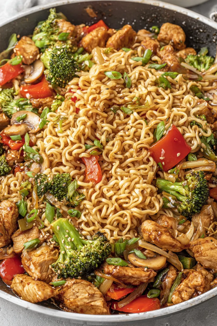 Plated chicken ramen stir fry with green onions