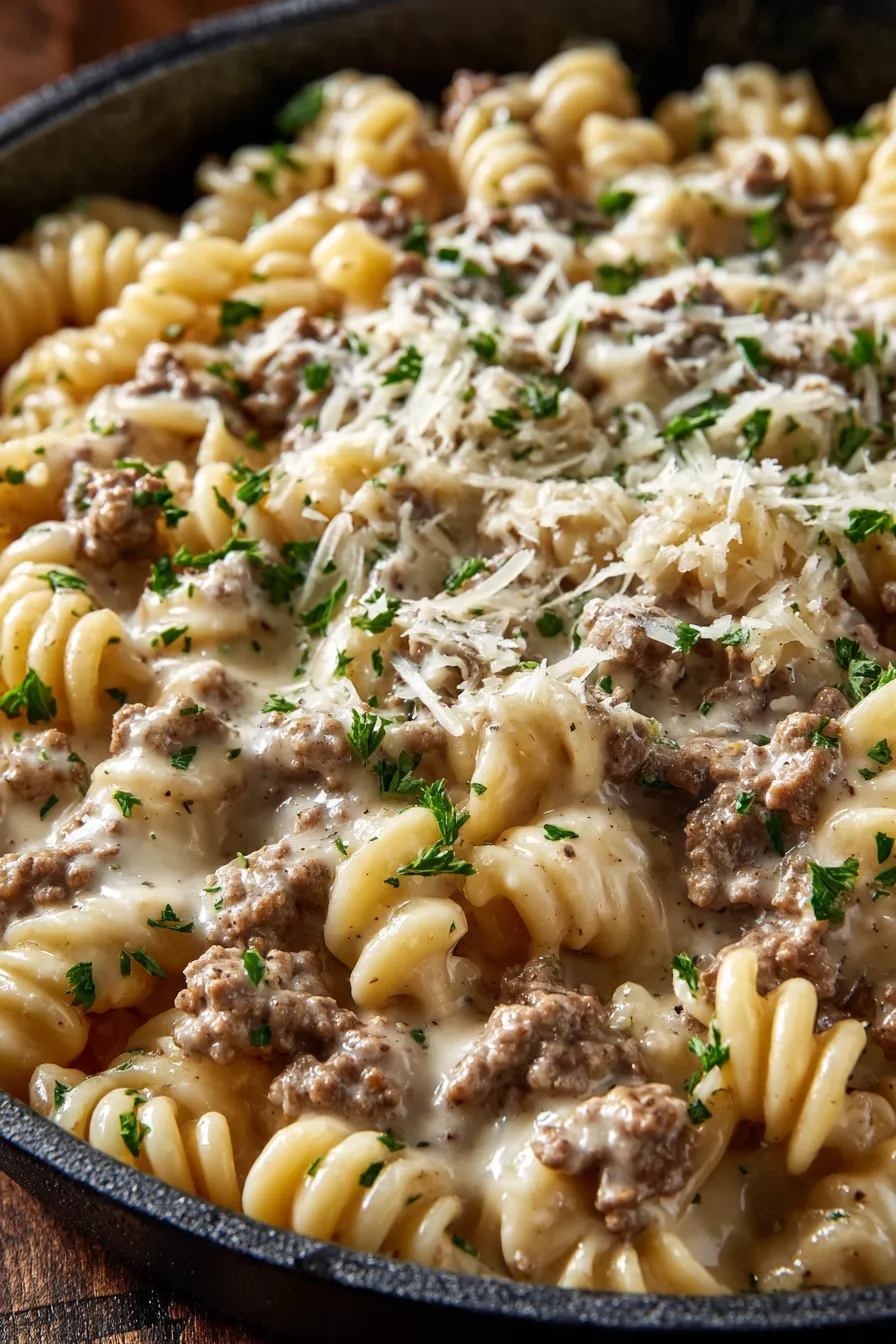 Skillet of creamy ground beef pasta in a pan