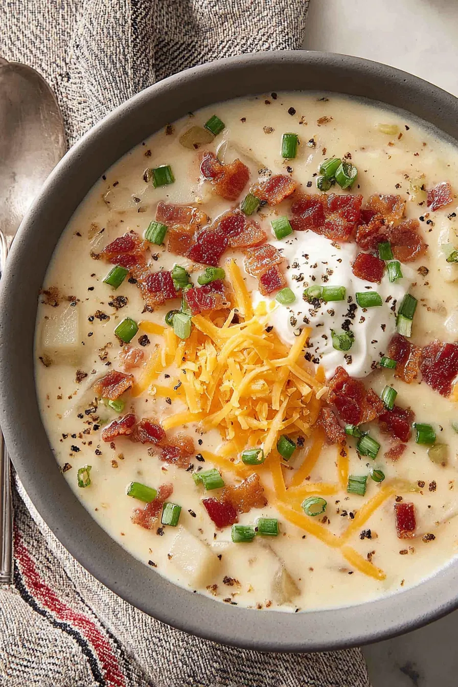 Bowl of potato soup topped with bacon and green onions