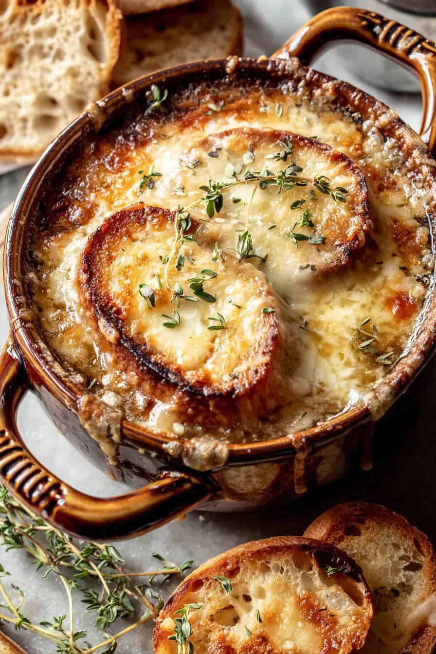 Bowl of French onion soup with melted cheese