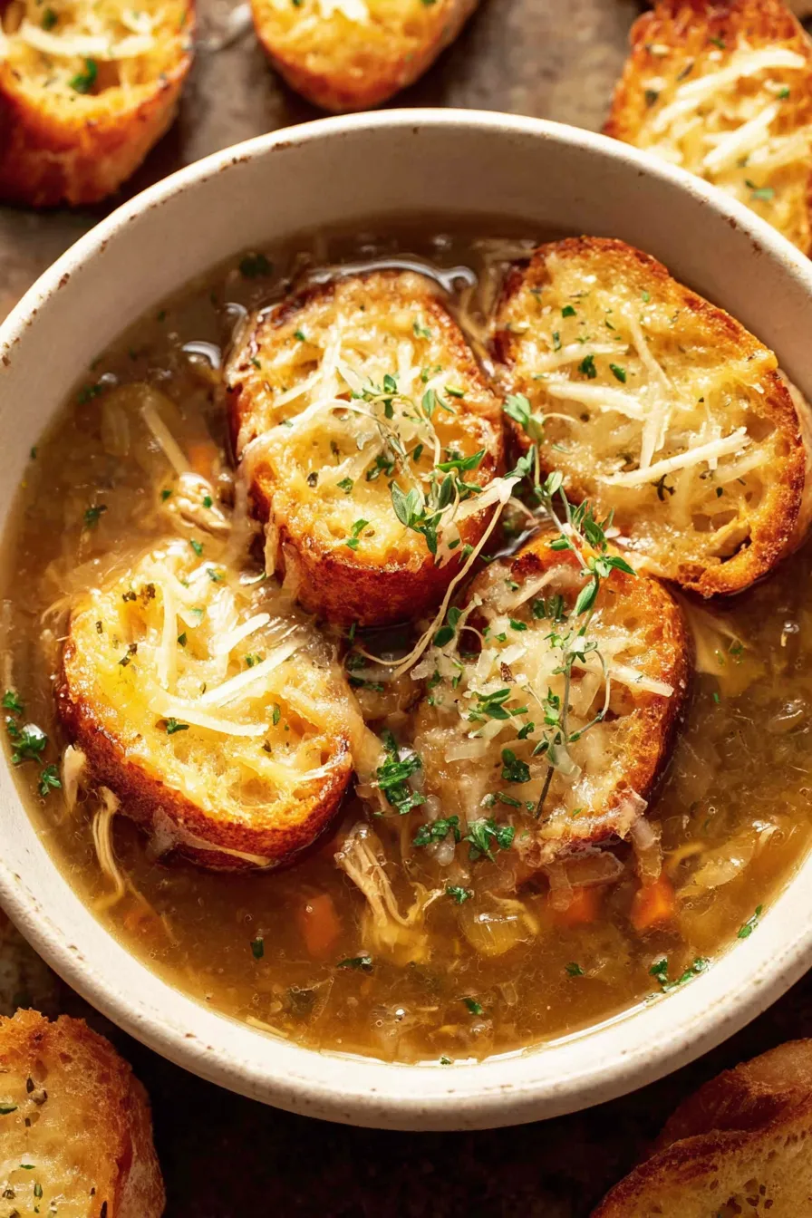 A bowl of French Onion Chicken Soup topped with melted cheese and toasted sourdough