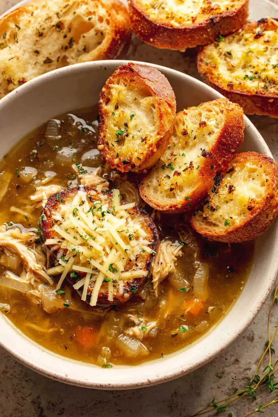 Caramelized onions cooking in a heavy pot with thyme