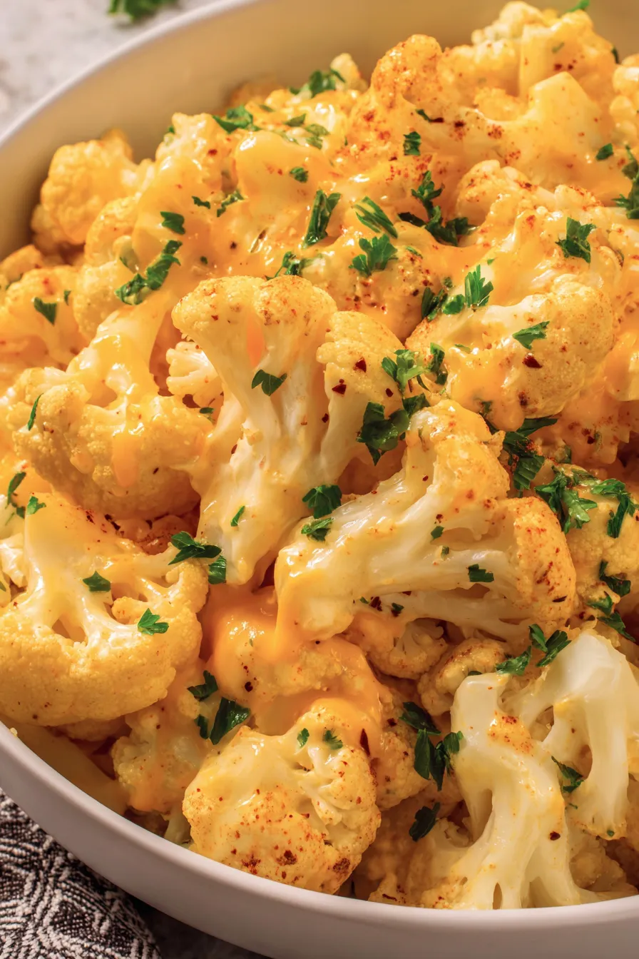 Roasted cauliflower florets on a baking sheet