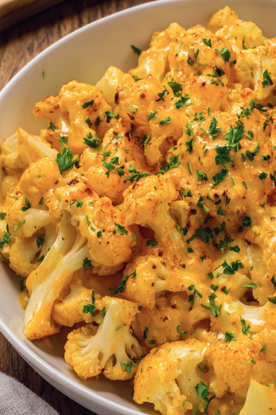 Creamy cauliflower mac and cheese served in a dish