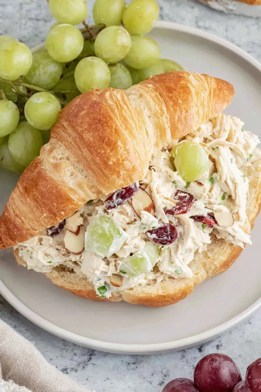 Chicken salad in a bowl with grapes and almonds