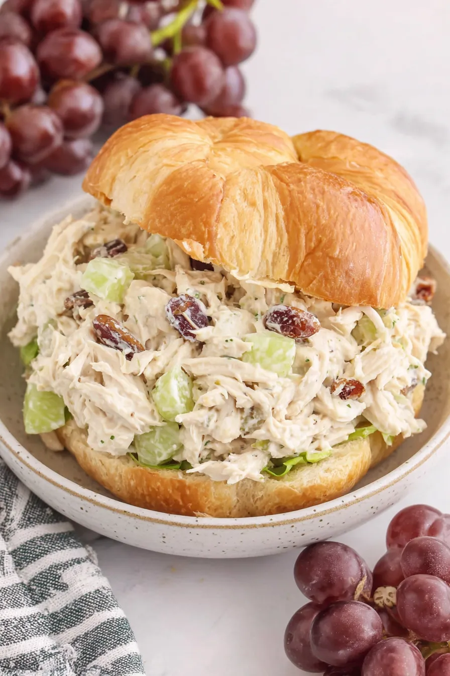 Chicken salad sandwich on croissant with side salad