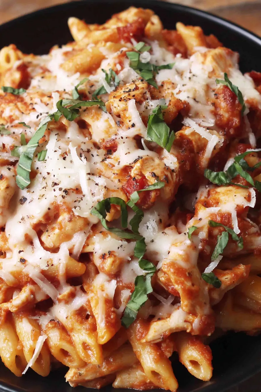 Close up of cheesy chicken pasta served with basil and Parmesan