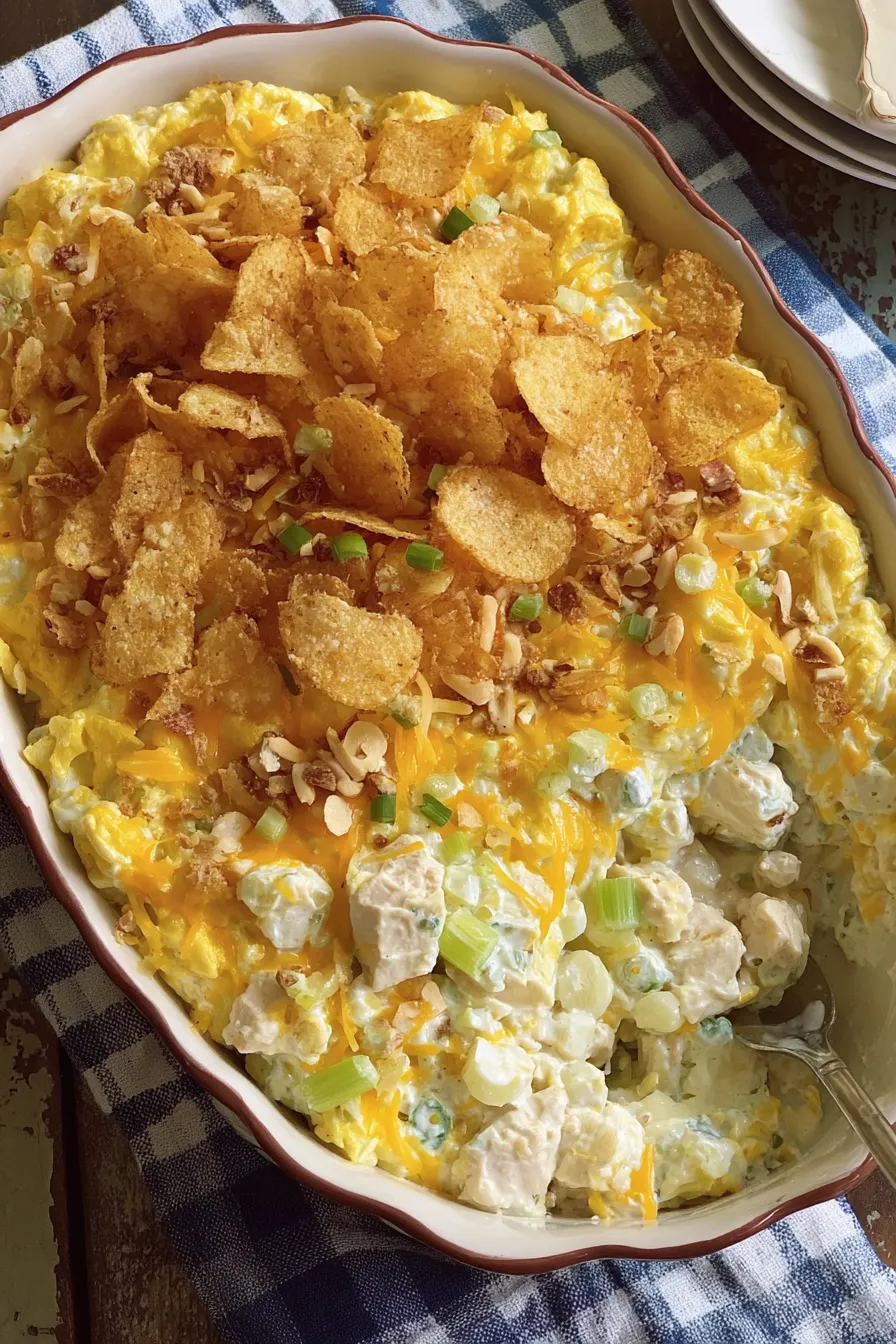 Baked creamy chicken salad casserole with golden chip topping
