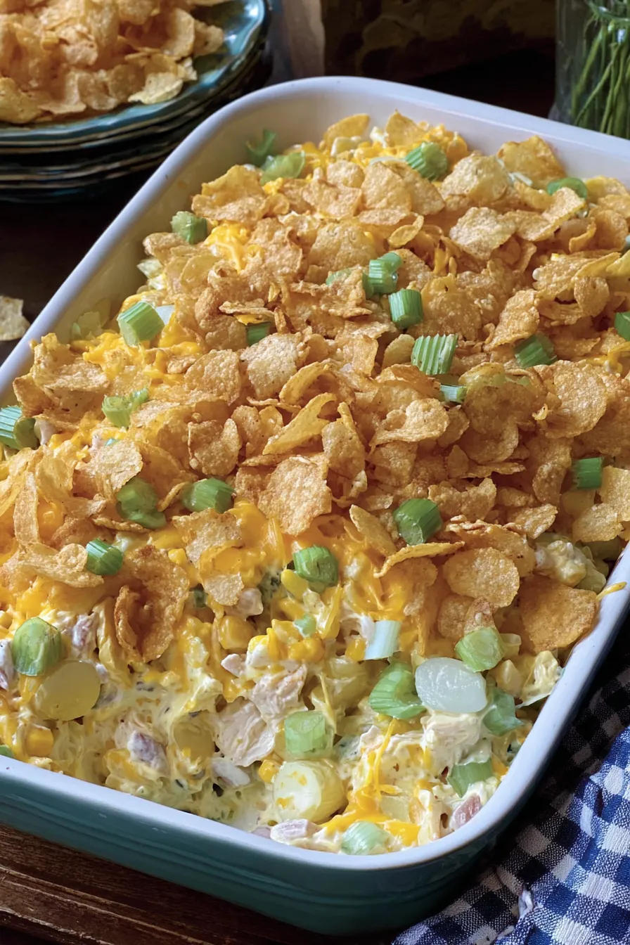 Serving spoon lifting a creamy chicken salad casserole